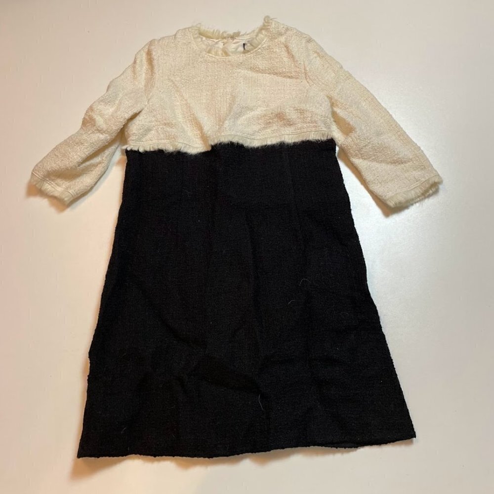 PAULE KA Wool Tweed Fringe Vintage Dress Creme High Waist Winter Classic Luxury